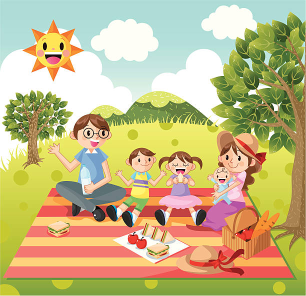 ilustrações, clipart, desenhos animados e ícones de piquenique em família - preschooler playing family summer