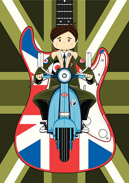illustrations, cliparts, dessins animés et icônes de inspirée de la parka sur scooter avec guitare - lapel hairstyle transportation british culture