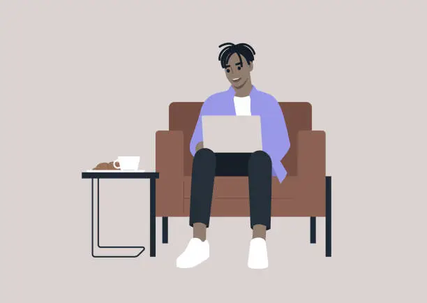 Vector illustration of A young millennial character seated comfortably in a leather chair, with a laptop on their lap, actively participating in an online work conversation