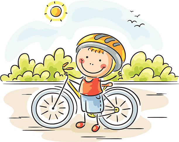 Boy and his bike "A little happy boy with his bicycle, no gradients." cycle racing stock illustrations
