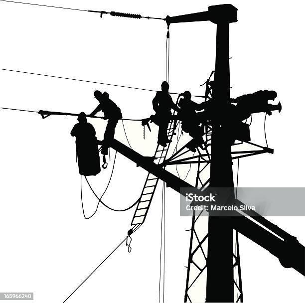 Vetores de Eletricista Equipe Em Uma Torre De Energia e mais imagens de Eletricidade - Eletricidade, Torre de alta-tensão, Coluna de Madeira