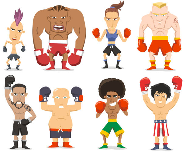 ilustraciones, imágenes clip art, dibujos animados e iconos de stock de boxeador colección - posing looking at camera combative sport boxing