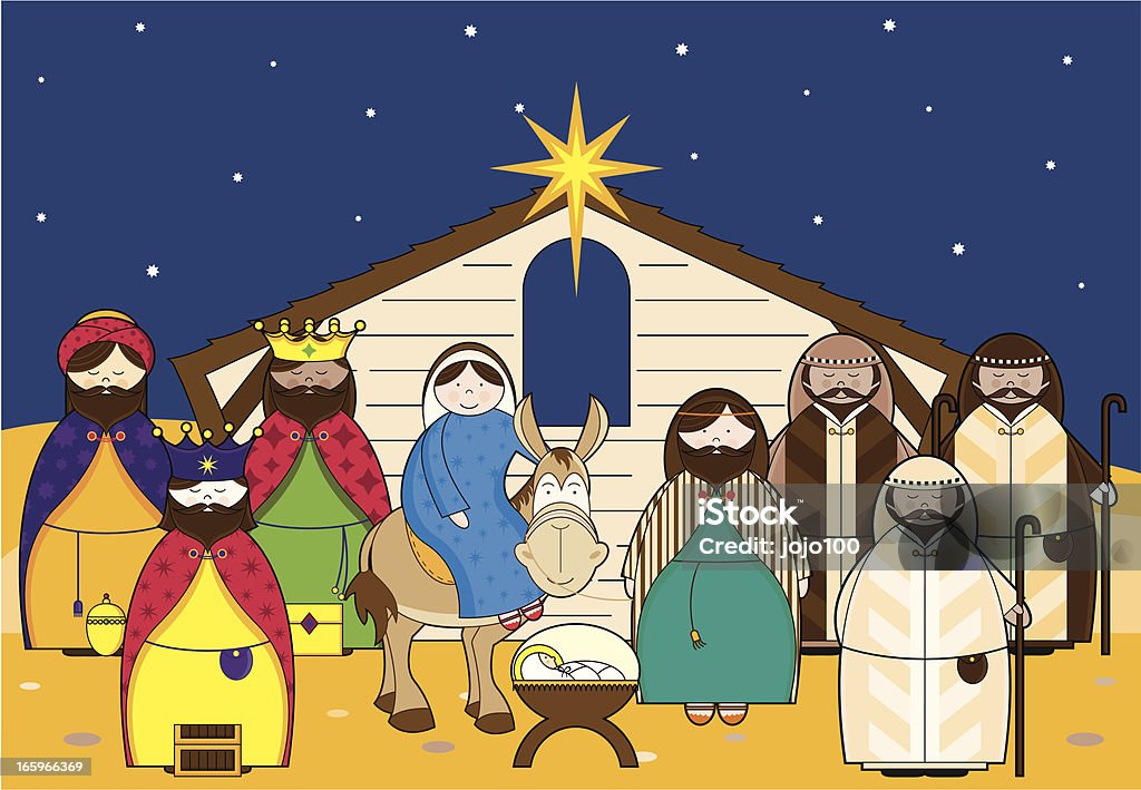 Nativity Scene with Characters Icons Nativity barn scene at night with traditional characters, Joseph, Mary, Baby Jesus, Shepherds and Three Kings and Donkey. Nativity Scene stock vector