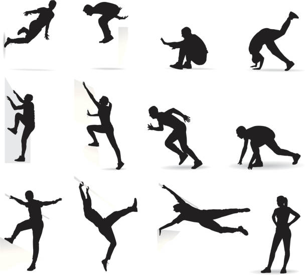 ilustraciones, imágenes clip art, dibujos animados e iconos de stock de parkour acción - silhouette people dancing the human body