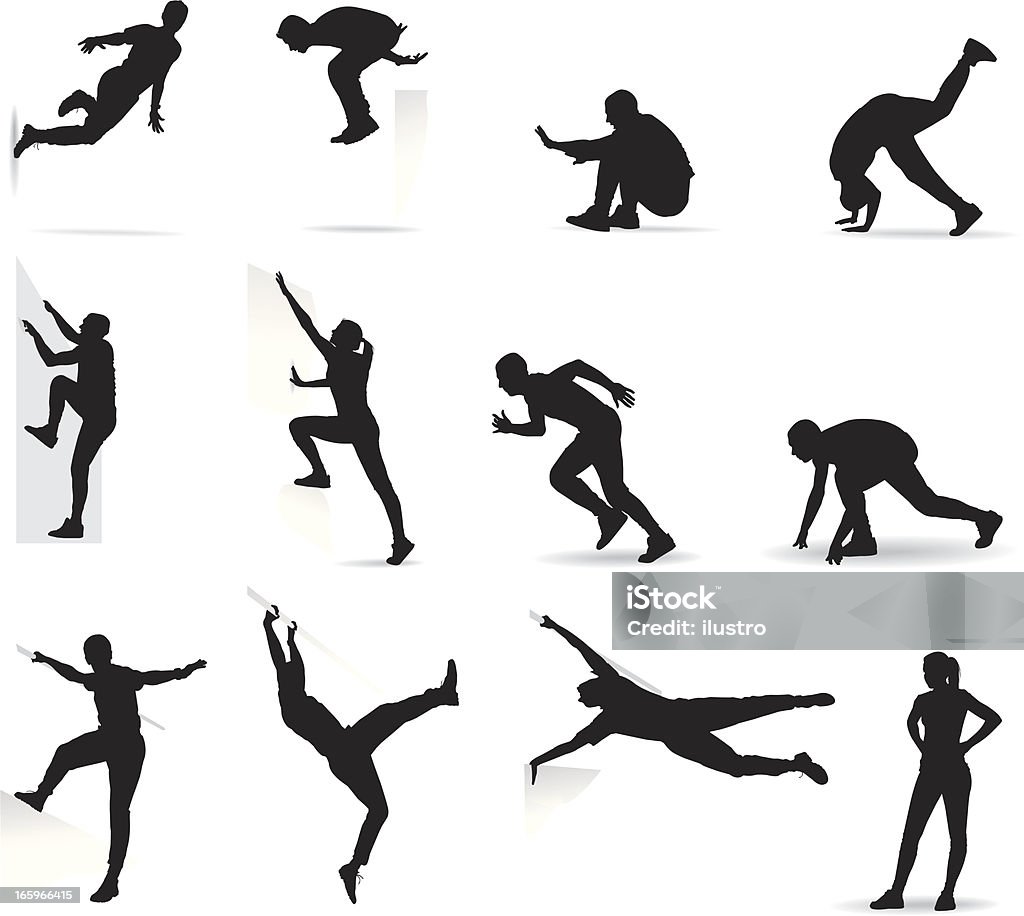 Parkour action Dynamic movement of athletes. Crossing barriers In Silhouette stock vector