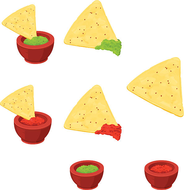Mexican Nachos with dipping souce A vector illustration of Mexican Cuisine - Nachos with dipping bowls of Salsa and Guacamole sauce. tortilla chip stock illustrations