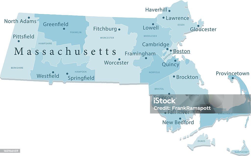 Vector de mapa de las regiones aisladas Massachusetts - arte vectorial de Mapa libre de derechos