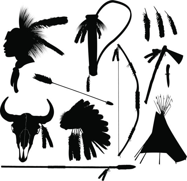 ilustrações, clipart, desenhos animados e ícones de equipamentos de caça do índio americano - north american tribal culture arrow bow and arrow bow