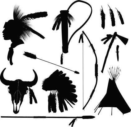 Tight graphic silhouettes of American Indian hunting equipment and head dress. Bow and arrow, tomahawk, tee pee, wigwam, skull, headdress. Check out my 