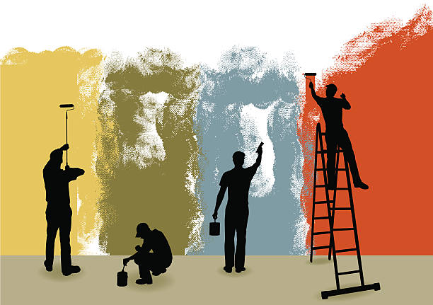 Painters Background - Home Improvement, Repairman Tight graphic silhouette background illustration of four house painters. Paint Can, Ladder, Paint Brush. Color changes a snap. Check out my “Construction Vector” light box for more. house painter stock illustrations
