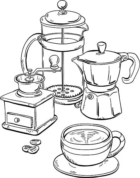 Vector illustration of Coffee equipment in black and white