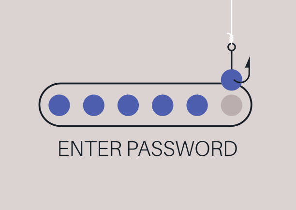 illustrazioni stock, clip art, cartoni animati e icone di tendenza di un simbolo di password su un gancio, che funge da metafora per una truffa di informazioni personali o un tentativo di hacking - combination lock variation lock safe