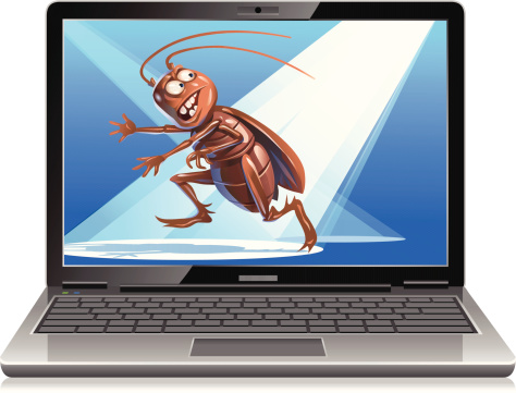 A bug on a laptop screen fleeing from spotlights. EPS 10 (image contains transparencies), grouped and labeled in layers. 