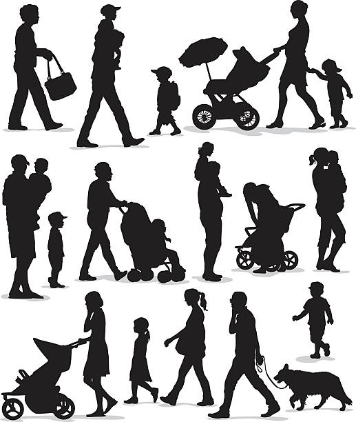 ilustraciones, imágenes clip art, dibujos animados e iconos de stock de siluetas de niños - holding hands child silhouette family