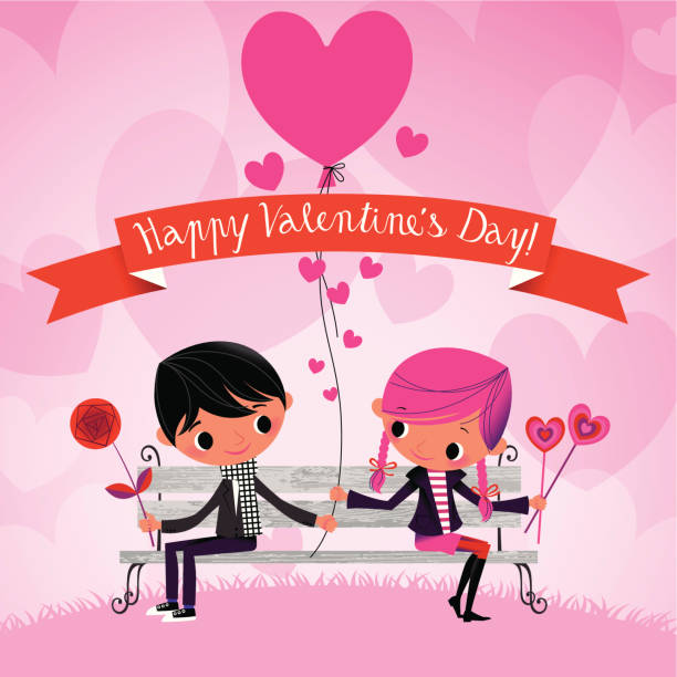 Happy Valentine's Day! Cute Heterosexual Couple Sitting on a Bench Holding a Balloon. Valentines Day Images stock illustrations