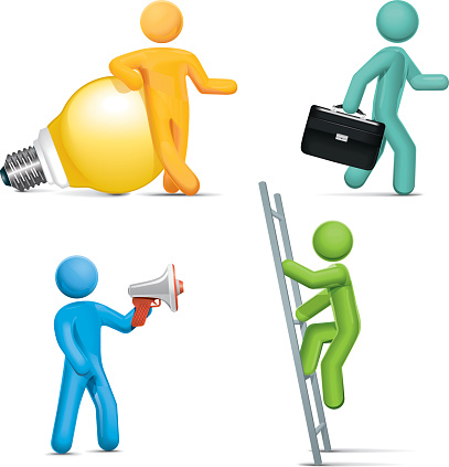 Vectored people engaged business activities. This illustration contains an Ai10 compatible transparency effect. The figure is first rendered in a 3D programme for realistic lighting, material and reflection, then drawn in illustrator using sophisticated blends. This format can be blown up to any size without loss of quality. You'll find all the stick figure positions and teams you'll need to make your business presentation communicate effectively in photo or vector. Networking people concepts and ideas using cogs and gears – teamwork using jigsaw pieces. In our icon driven society and environment, simple and direct communication matters.