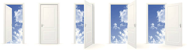 Open doors to sky Set of closed and open doors to sky. door handle stock illustrations