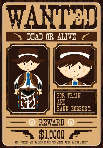 illustrazioni stock, clip art, cartoni animati e icone di tendenza di un cowboy outlaw wanted poster-segnale inglese - wanted poster wild west poster law