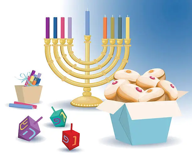 Vector illustration of Hanukkiya With Candles, Donuts, And Spinning Tops