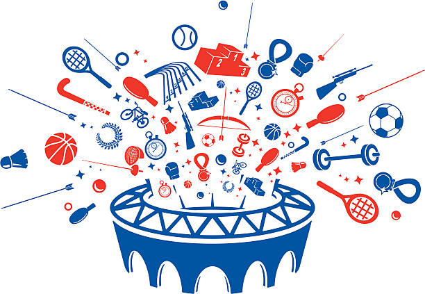 Summer Sports Icons in Color Sporting equipment exploding out of a stadium. Red and blue sports icons including badminton, tennis, running, athletics, football, boxing, cycling, table tennis, shooting, basketball and medal and podium icons in an explosion from a sports stadium icon. All icons are independently useable/editable. sport illustrations stock illustrations