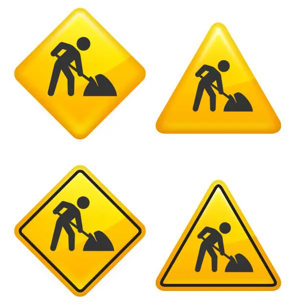 Vector illustration of Warning and Caution Construction Street Signs