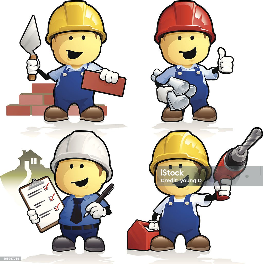 Cartoon construction workers and contractors Set of 4 construction workers and building contractors. Including builder, foreman, architect and workman. Download includes EPS 8 file and hi-res jpeg. Construction Worker stock vector