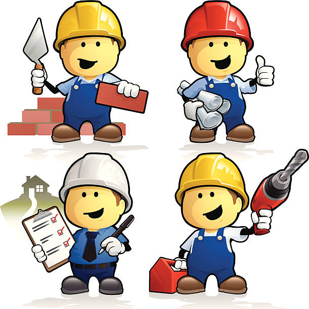Cartoon construction workers and contractors Set of 4 construction workers and building contractors. Including builder, foreman, architect and workman. Download includes EPS 8 file and hi-res jpeg. well dressed man standing stock illustrations