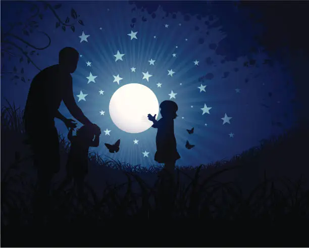 Vector illustration of Children playing with the moon