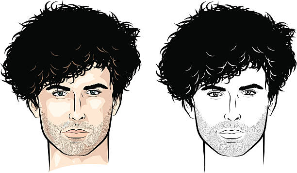 ilustraciones, imágenes clip art, dibujos animados e iconos de stock de hombre con mucha curls - barba de tres días