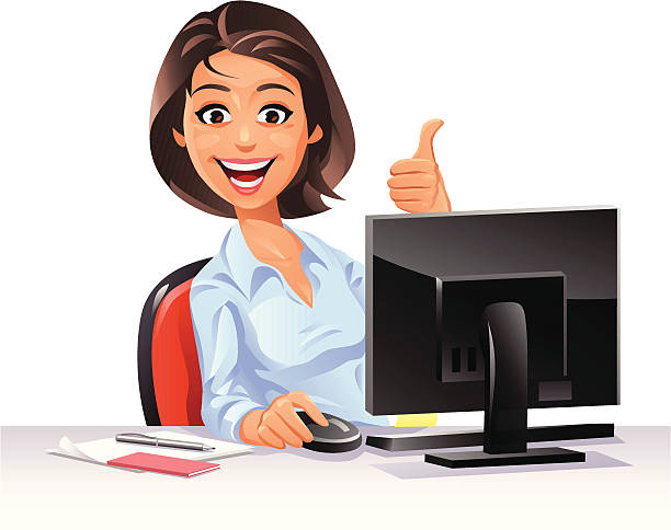 Female Office Worker "A young female office worker sitting at her computer gesturing thumbs up, isolated on white. EPS 8, fully editable and labeled in layers." desk clipart stock illustrations