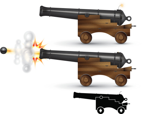 A pirate ship cannon firing. Illustration contain transparencies and is saved as Illustrator 10 format.