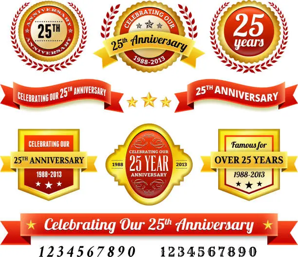 Vector illustration of 25th year anniversary Badges Red and Gold Set