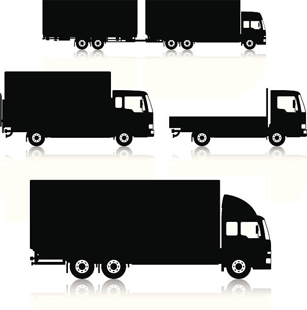 illustrazioni stock, clip art, cartoni animati e icone di tendenza di silhouetted camion commerciali - camion