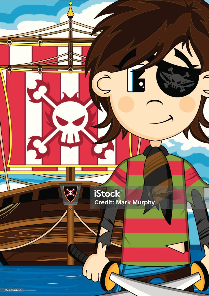 Carino Eyepatch pirata con nave - arte vettoriale royalty-free di Acqua