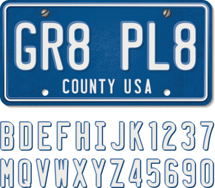 Drag and scale characters to make your own vanity plate. Includes all the letters of the alphabet and numerals 0 through 9. Elements are layered and labeled. Uses global colors for easier color changes. Download includes XXXL JPEG file (20 in. x 17.5 in. at 300 dpi).