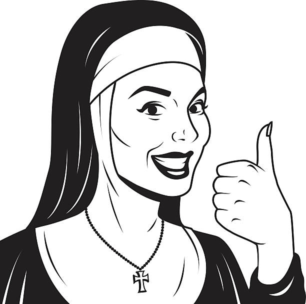 Vintage Nun Giving the Thumb's Up An vintage styled nun giving a thumb's up sign with her hand. spirituality smiling black and white line art stock illustrations