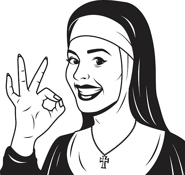 ilustrações, clipart, desenhos animados e ícones de retro freira dar sinal de ok - spirituality smiling black and white line art