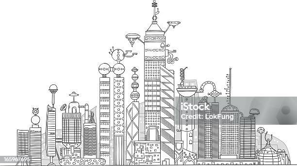 Futurystyczny Ilustracja Miasto - Stockowe grafiki wektorowe i więcej obrazów Futurystyczny - Futurystyczny, Miasto, Lineart