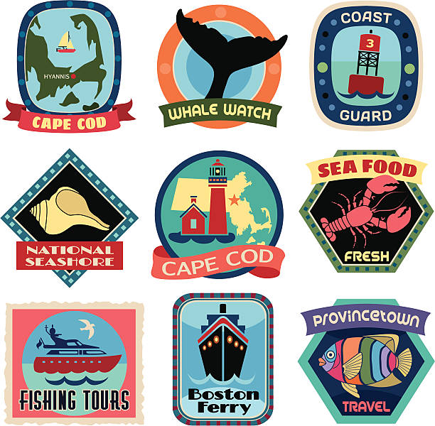illustrations, cliparts, dessins animés et icônes de autocollants de voyage cape cod - suitcase travel luggage label