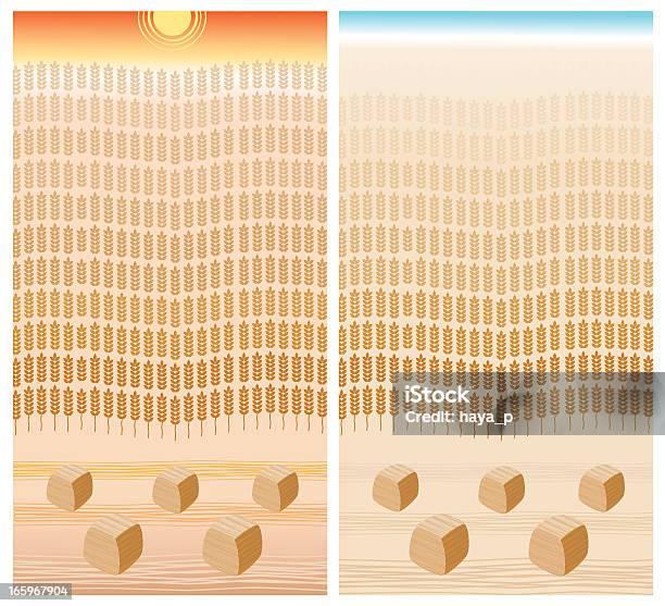 Закат И Sunrise Пшеницы Поле Haystacks — стоковая векторная графика и другие изображения на тему Абстрактный - Абстрактный, Векторная графика, Горизонт над землей