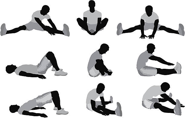 Multiple images of men stretching before exercise Multiple images of men stretching before exercisehttp://www.twodozendesign.info/i/1.png legs apart stock illustrations