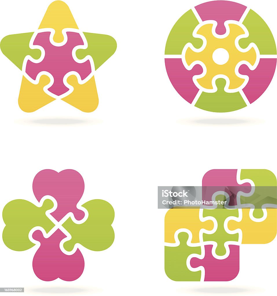 colored jigsaw puzzle set V Set of 4 variable multi colored jigsaw puzzles, with shadows on individual layer. Large JPEG, (2700x2800), layered AI EPS 8. Archive: large 300 dpi layered PSD, screensize JPEG, 2 large PNG (icons and shadows), AI 7. Only linear gradients. Jigsaw Puzzle stock vector