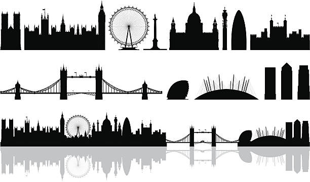 런던 (건축물 대부분은 세부적인, 이동형 및 전체 - london england skyline silhouette built structure stock illustrations