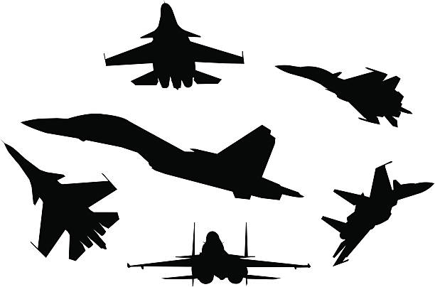 Six silhouettes of fighter planes Vector of a group of Fighter Plane flying in silhouette. Su-30mki jet plane. air show stock illustrations