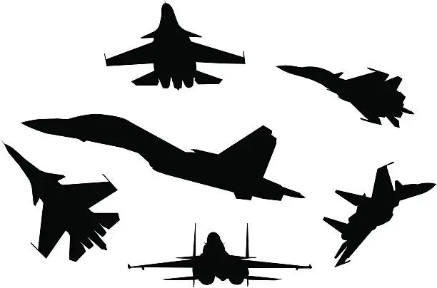 Vector illustration of Six silhouettes of fighter planes