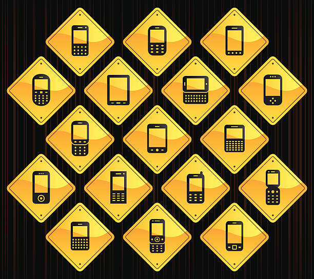 Yellow Road Signs - Mobile Devices 17 road sign icons representing different mobile devices. rotary dial telephone cartoons stock illustrations