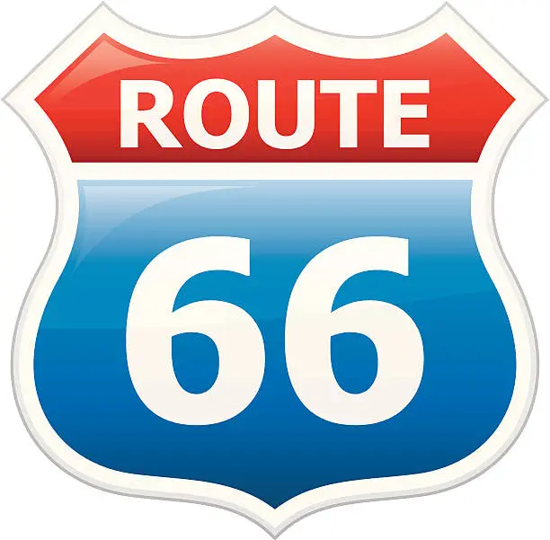 Vector illustration of A drawing of a red, white and blue sign that reads Route 66