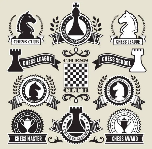 Vector illustration of Round Chess Badges on Black and White