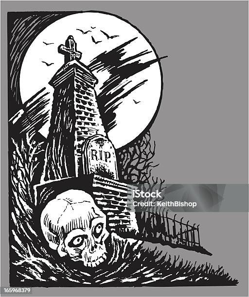 Friedhof Mit Vollmond Und Schädelhalloween Stock Vektor Art und mehr Bilder von Menschliches Skelett - Menschliches Skelett, Mond, Angst