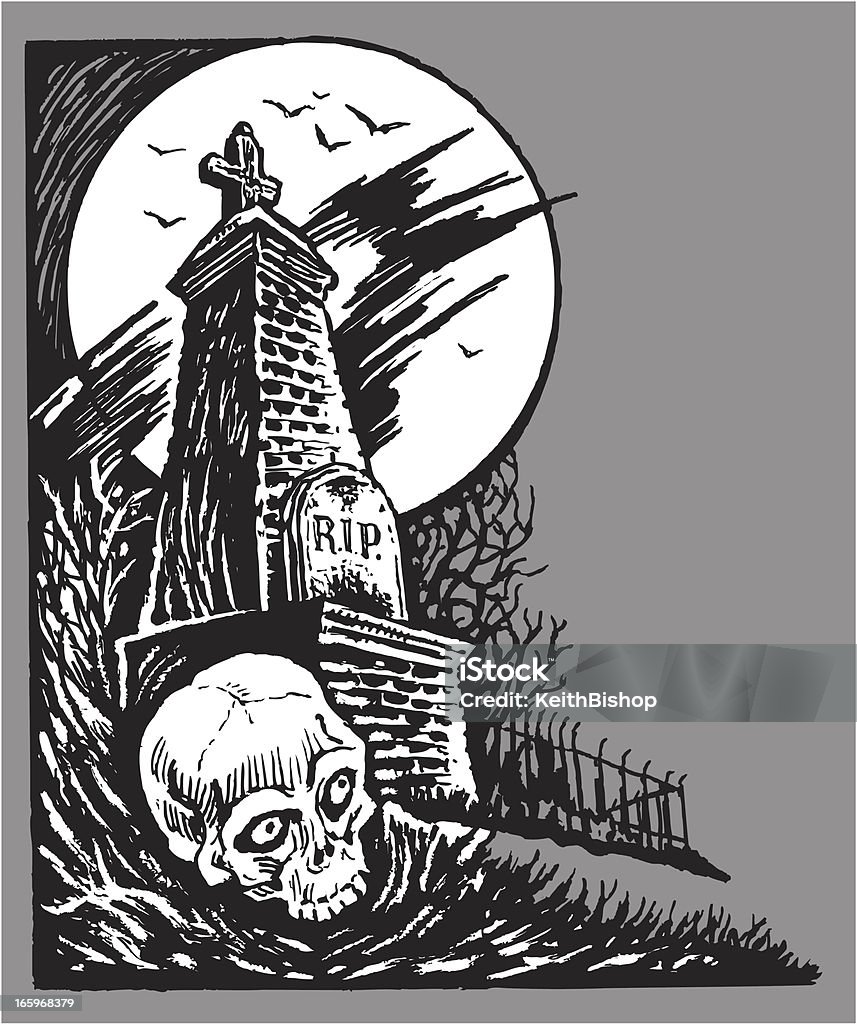 Cemitério, com a lua cheia e crânio de Halloween - Vetor de Esqueleto Humano royalty-free